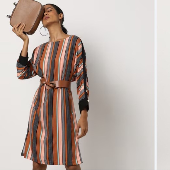 FIG Women’s Mustard Striped A-Line Midi Dress w/ Dolman Sleeves Size Medium - Picture 1 of 11